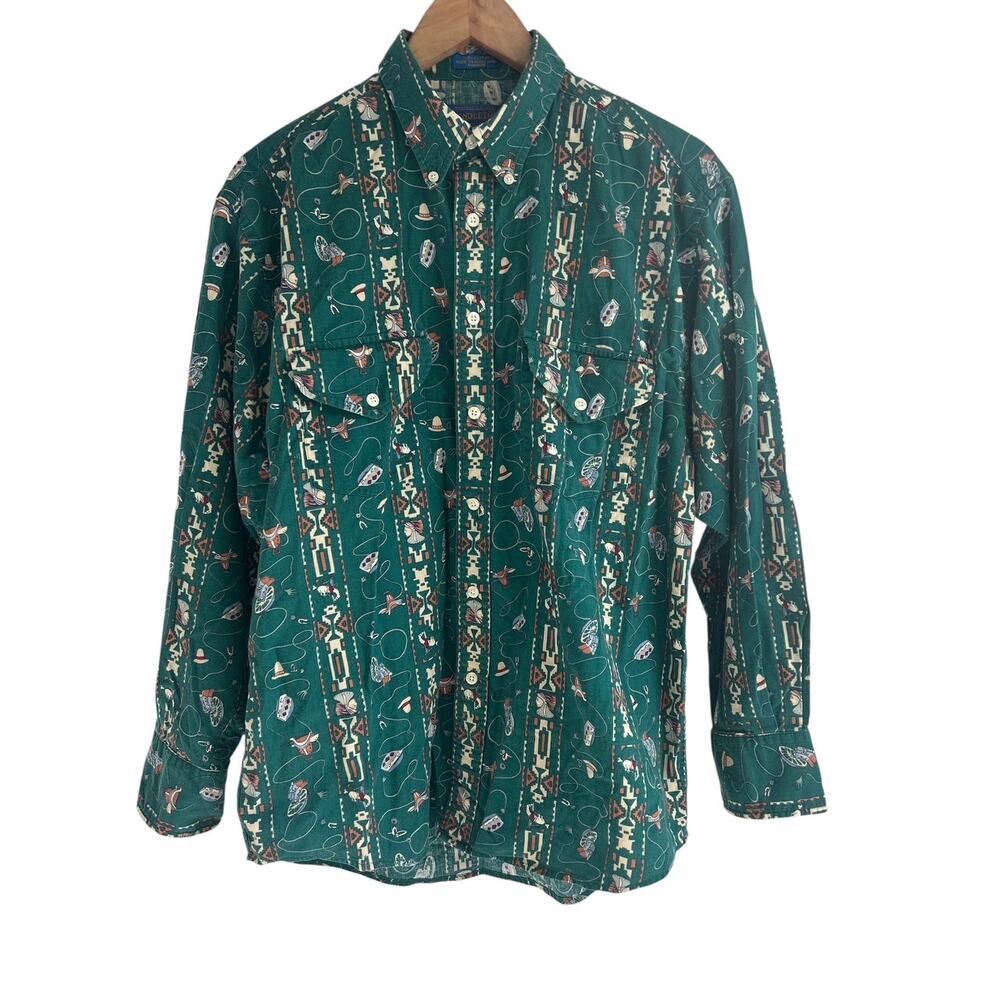 VTG Pendleton Large 100% Cotton Green Button Down Rodeo Southwest Cowboy Shirt